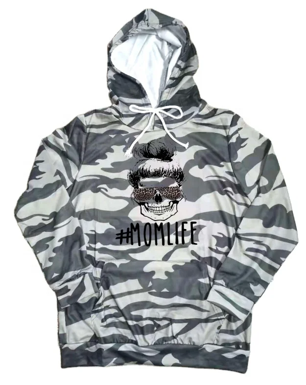 

New Fashion Casual Poly Women Aunt Mom Top MOM LIFE Camo Hoodie with Pocket, Picture color