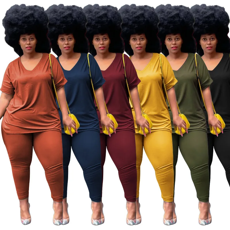 

New Casual Solid V Neck Short Sleeved Loose Slit Top +Slim Fit Pencil Pants Two Piece Set Summer Plus Size Women's Pants Set, Black,dark blue,turmeric,burgundy,orange,army green