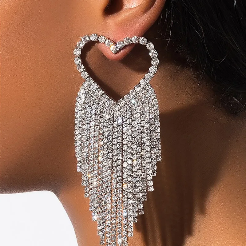 

Exaggerated Diamond Heart Earrings Women Long Rhinestone Crystal Heart Tassel Earrings Jewelry