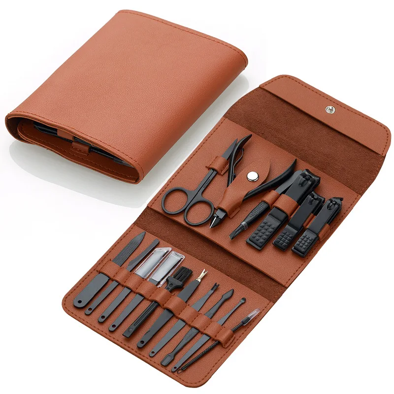 

High Quality Stainless Steel Manicure Set Private Label Black 16pcs Nail Clipper Pedicure Set Nail Tool Kit With PU Leather Case