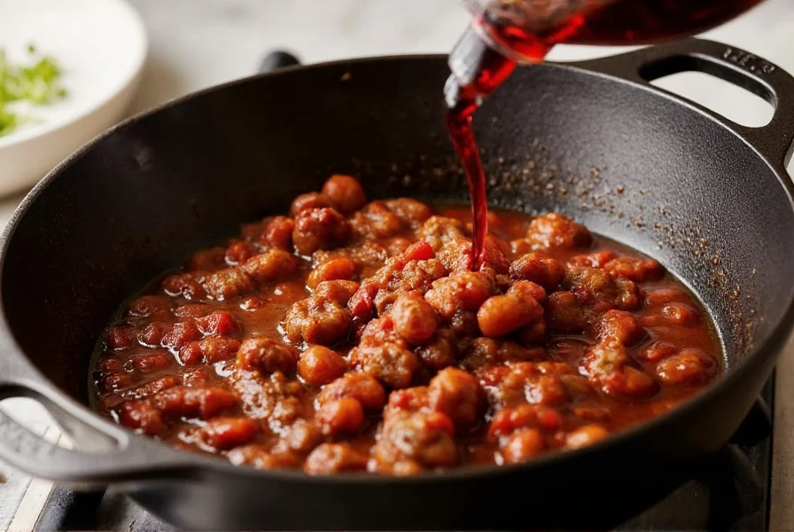 Chef deglazing cast iron pot with red wine for beef chili