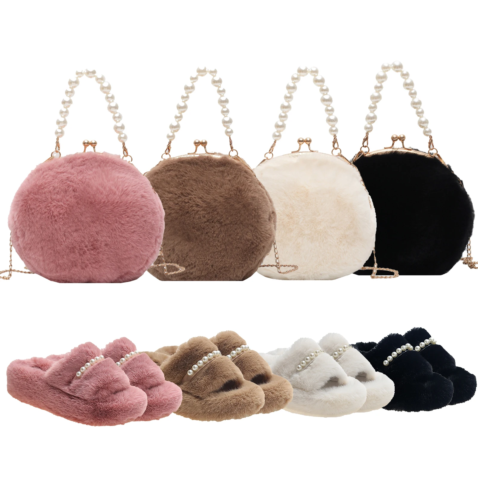 

2021 Fur crossbody bag matching bag set ladies crossbody shoulder handbags for women luxury pearl evening clutch bags, Picture color