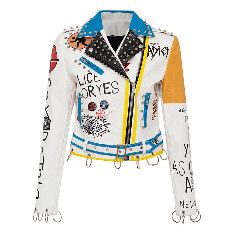 

Coat Cropped Jacket Spiked Faux Leather Trendy Punk Slim Spring Top Quality Women White High Short Digital Print Satin Lining, As the picture