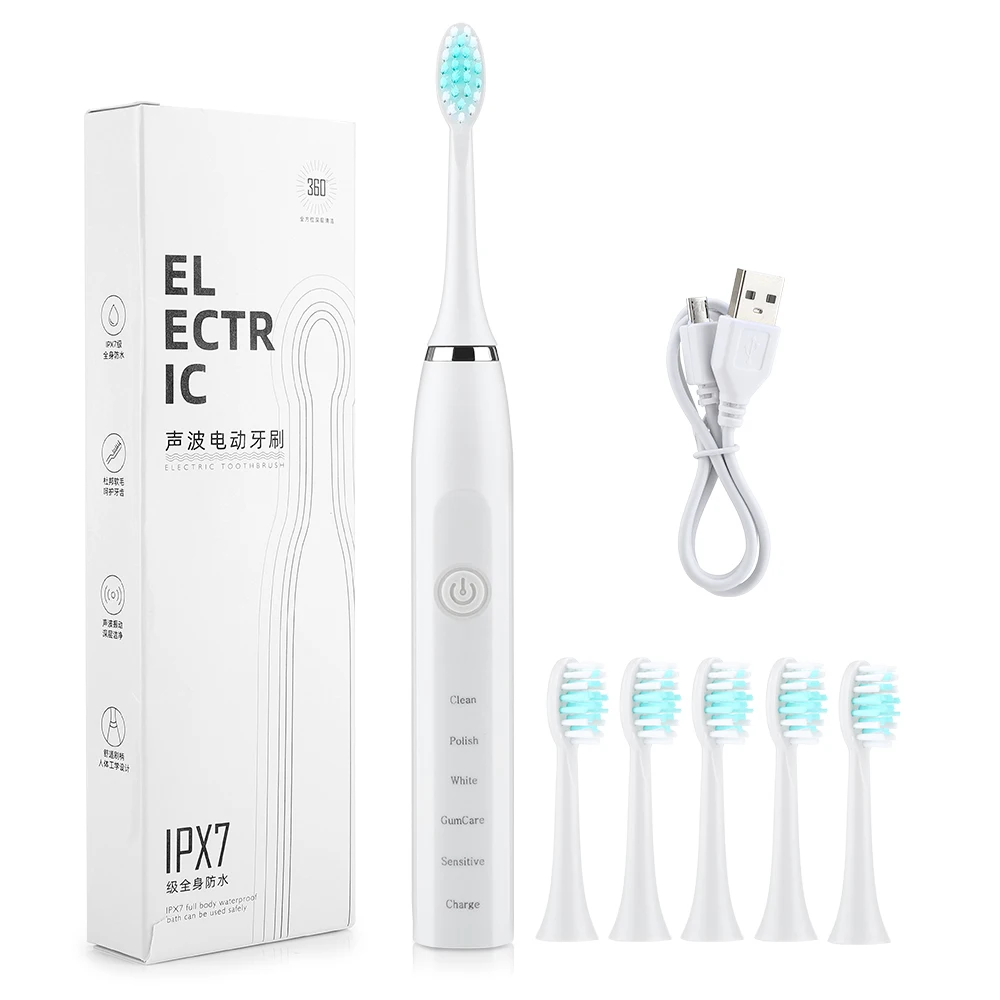 

Waterproof 6 Brush Head Teeth Cleaning Brush USB Rechargeable Adults Kids Sonic Electric Toothbrush