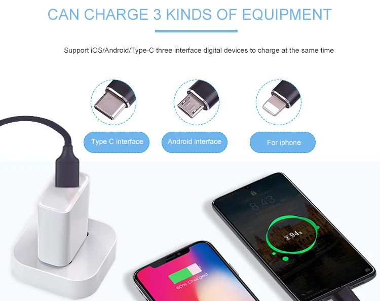 1M 3A Braided Multi Usb Cable Fast Charging Type C 3 In 1 Charger Cable - ANKUX.COM