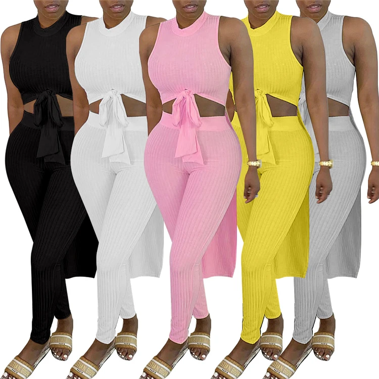

Summer Solid Color Sleeveless Ribbed Crop Tank Top 2 Piece Tights Set Women Two Piece Sets Clothes, 5 colors
