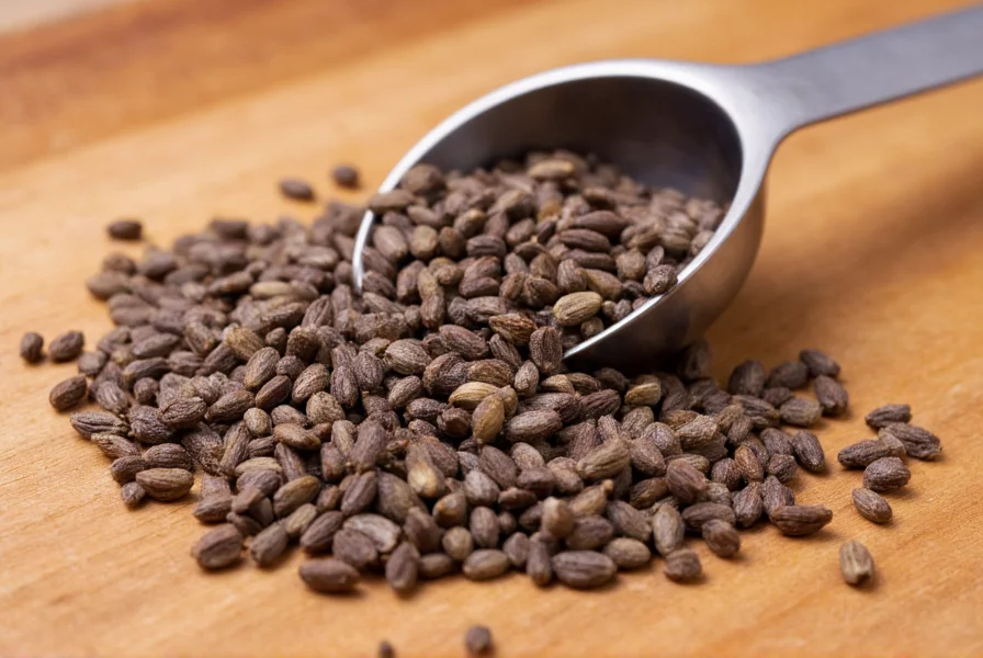 Close-up photograph of anise seeds showing their distinctive crescent shape and grayish-brown color on a wooden cutting board with measuring spoon