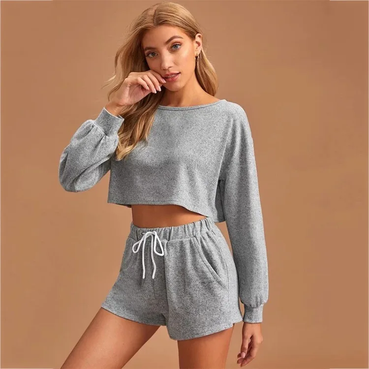

Solid color round neck long sleeve drawstring short casual hoodie set of 2 pieces custom sexy casual wear for women 2021