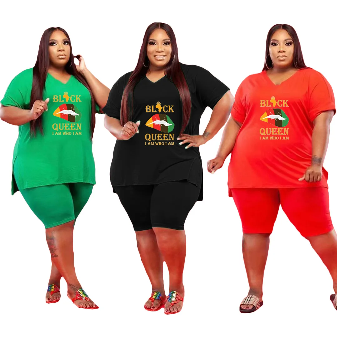 

Short Sleeve Lips Print Tee Shirts Summer Clothes Yoga Wear Workout Women's Short Sets Plus Size 2 Piece Sets, Red black&green