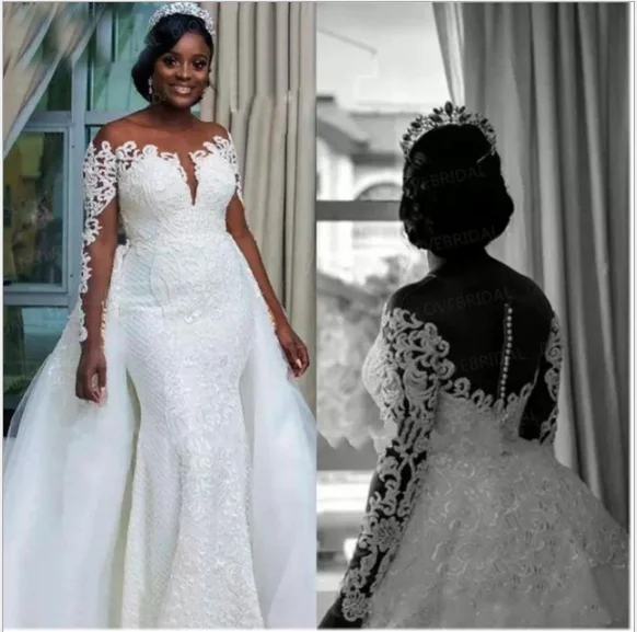 

New Fashion Africa Vestido De Noiva Bridal Tulle Mariage Fishtail Long Sleeve Wedding Dress, White