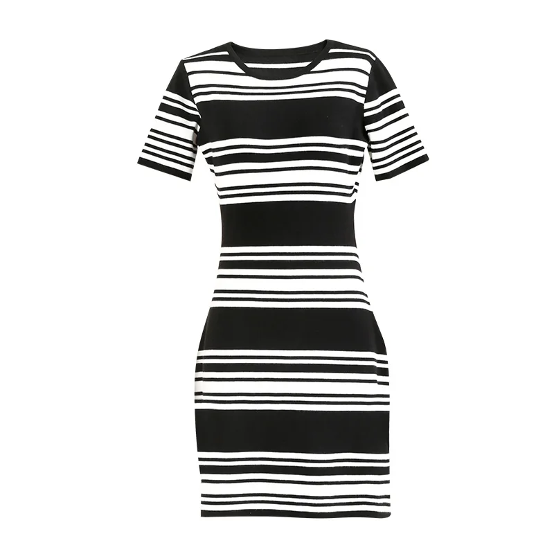 

classic black and white striped knitwear short sleeve women sweater dress
