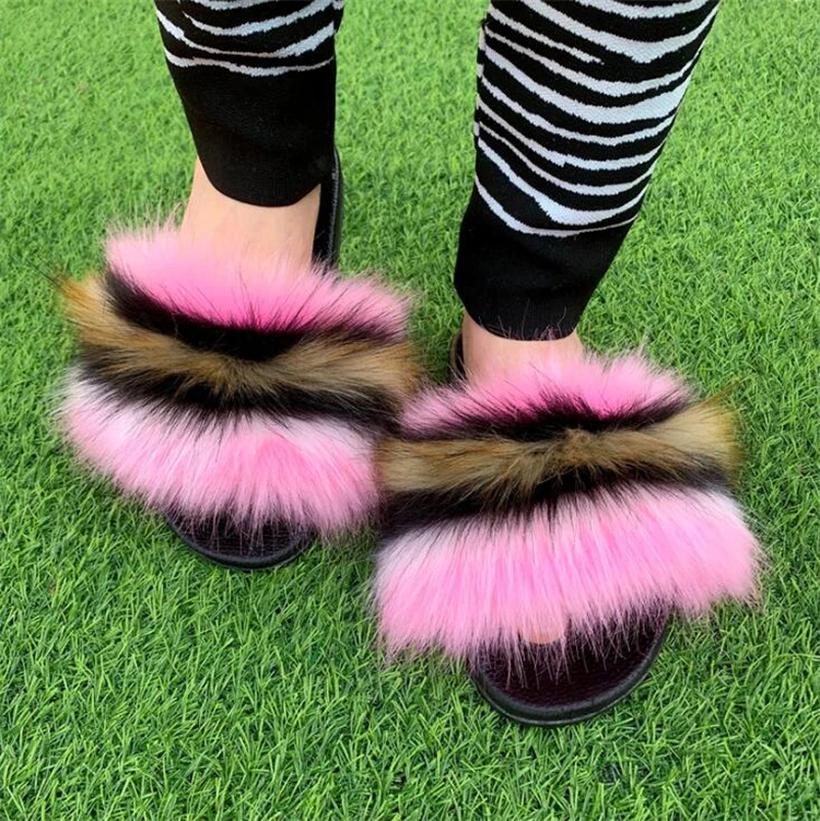 

Custom Real Fox Fluffy Sandals Shoes Ladies 2021 Trendy Summer Big Fuzzy Furry Flat Slippers Luxury Color Fur Slides Women, As pictures or customized colors