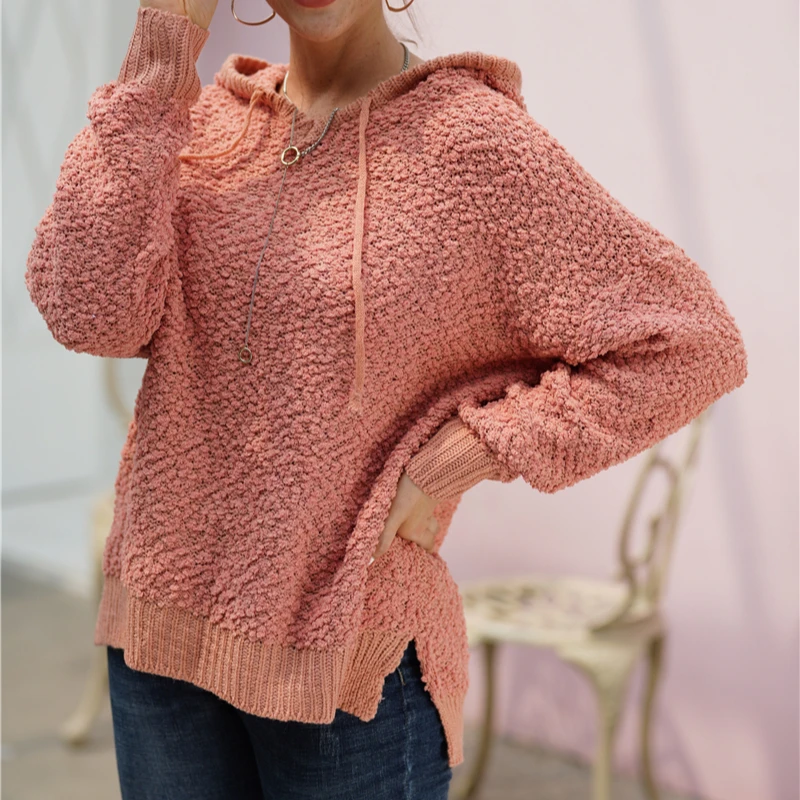 

New winter hooded acrylic knitted warm sweater loose solid color women large size sweater hoodies