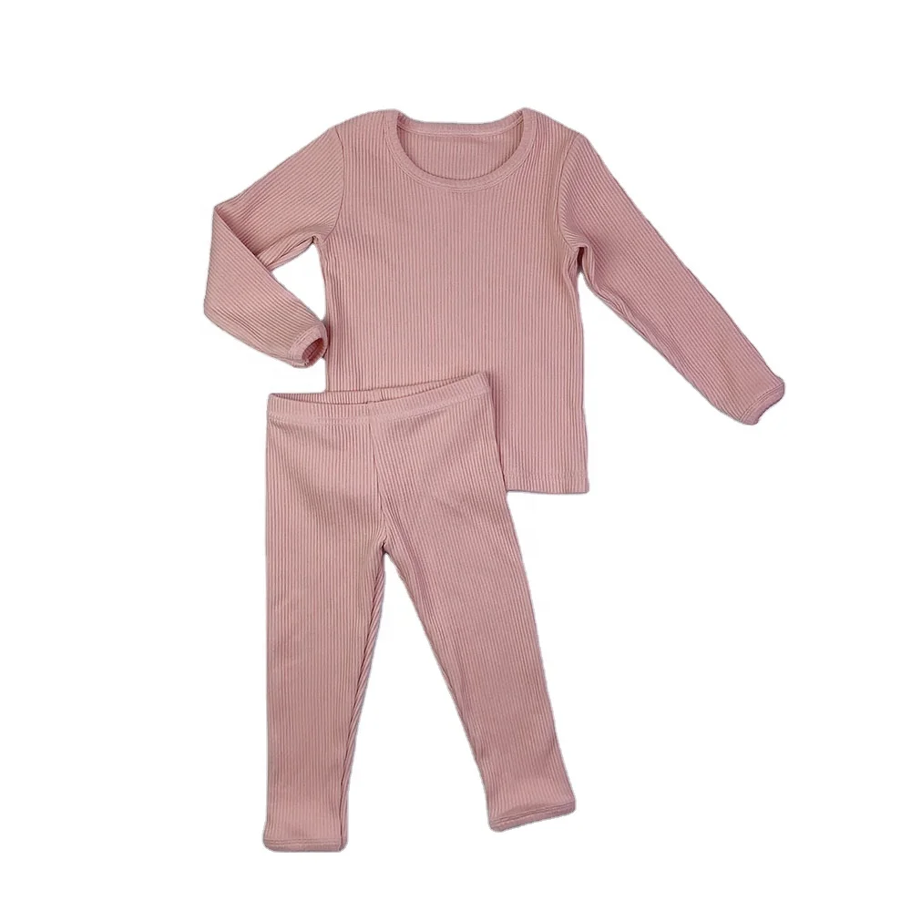 

ribbed o-neck children's long sleeve cotton pyjamas kids blank boutique clothing sibling pajamas for fall and winter