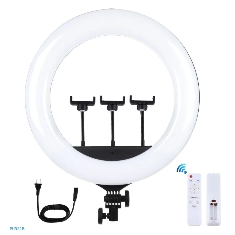

PULUZ 18 inch Curved Surface USB 3 Modes Dimmable LED Ring Photography Video Lights with remote control and 3 phone clamp