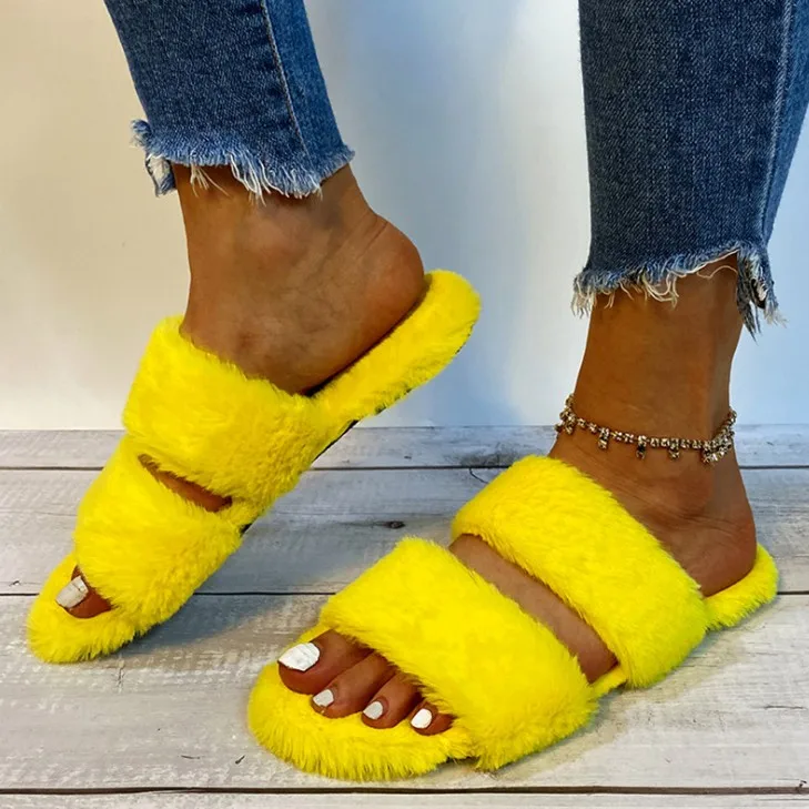 

Outdoor Slipper New Winter Velvet Rabbit women's Further slippers Flats casual Shoes Girls Fashionable Mueller Shoes For Women, White, yellow, green, black, color, camel