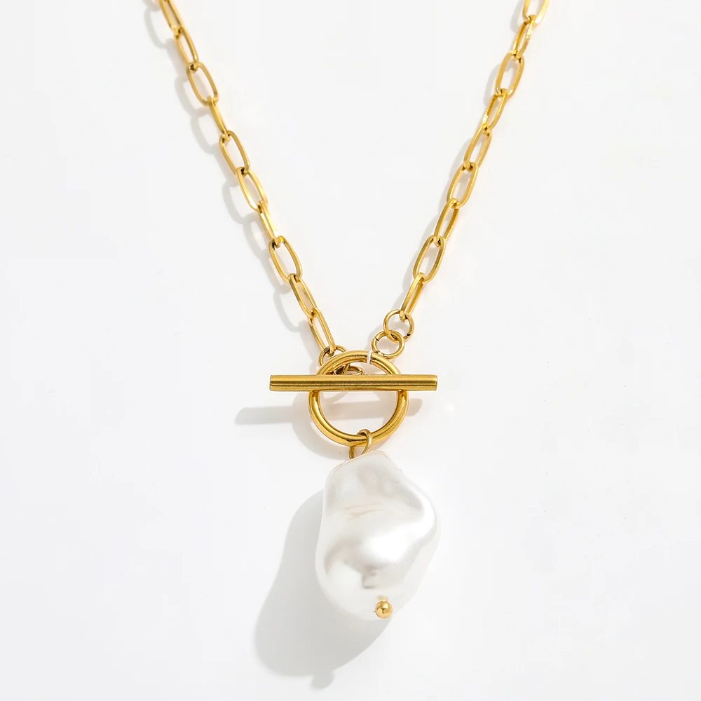 Joolim Jewelry 18K Gold Plated Shell Baroque Pearl Pendant Toggle Paper Pin Necklace Stainless Steel Jewelry