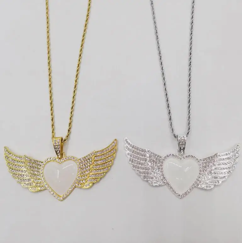 

wing heart hip hop round picture printing glass rhinestone mon sublimation customised jewelry necklaces personalized