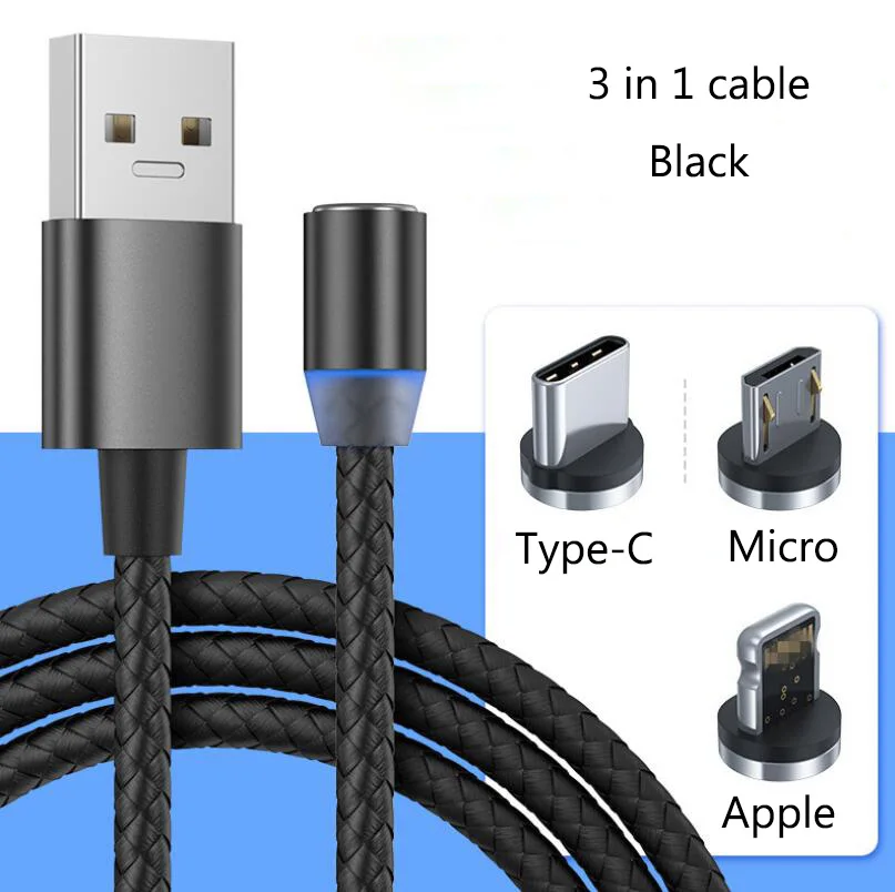 

1m 2m 3 in1 Nylon Braided Magnet Charger Fast Charge Micro usb Type-C Magnetic Charging Cable, Customized