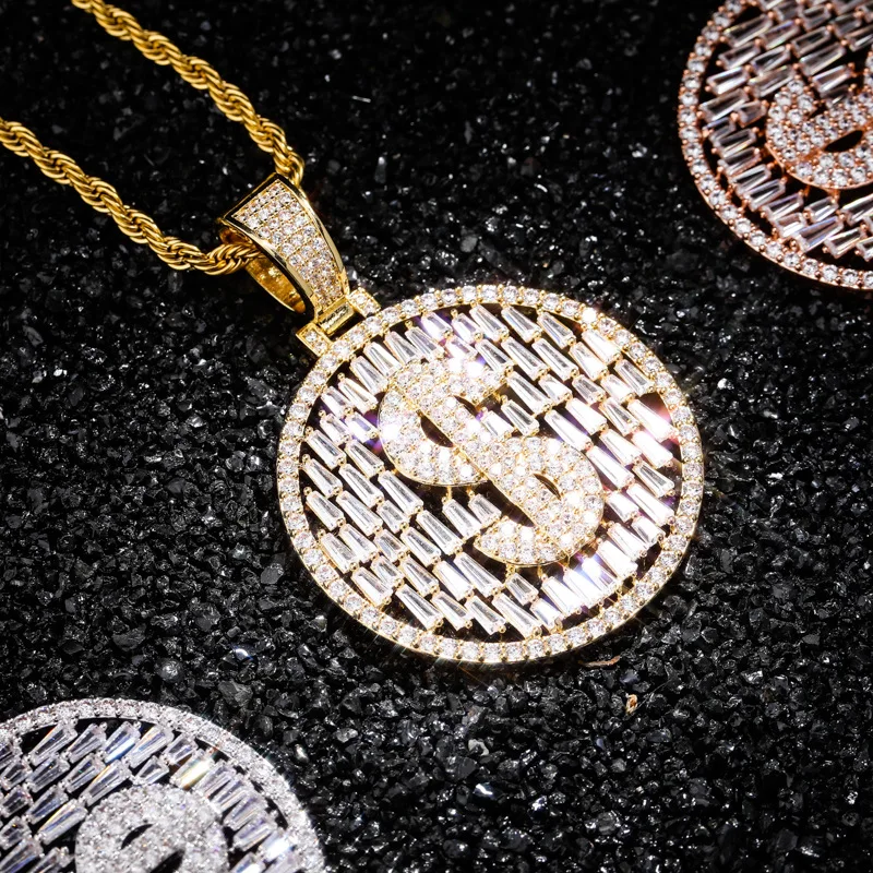 
Hip Hop Jewelry Full Iced Out Dollar Symbol Pendant AAA Cubic Zirconia Setting Round Dollar Pendant Necklace 