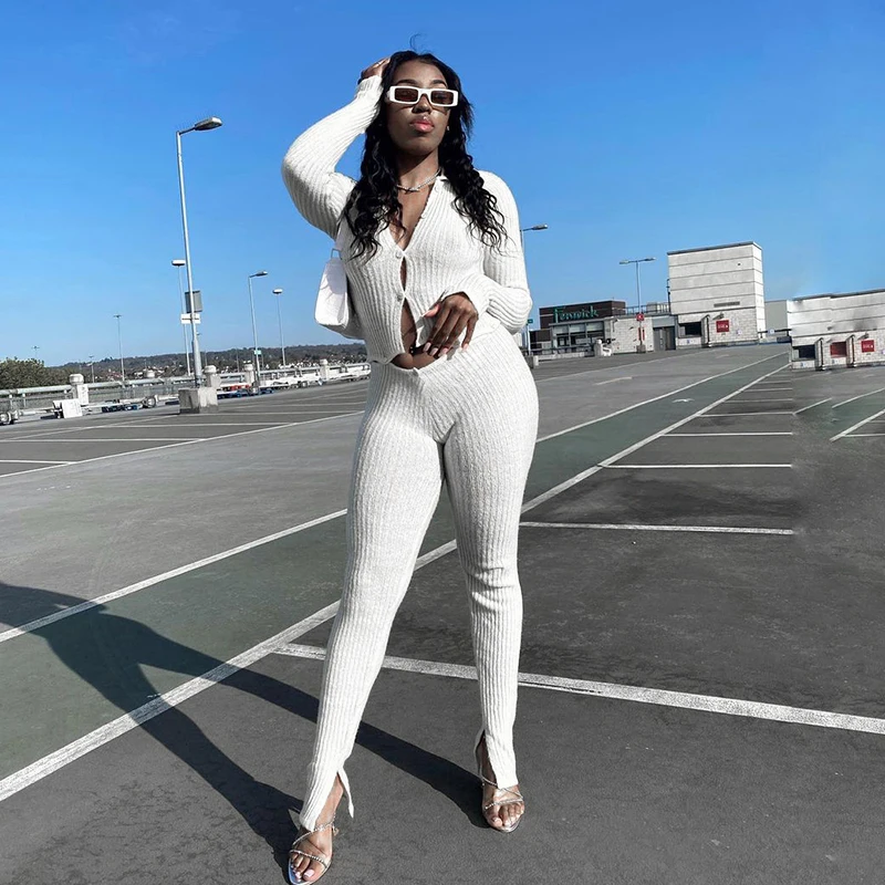 

Bomblook X21ST427 Autumn Two Piece Pants Set Long Sleeve V-neck Solid Color Casual Streetwear Clothing Women