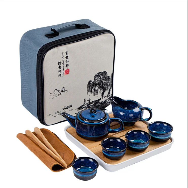 

Ceramic kungfu Tianmu glaze Jun kiln portable travel gifts suit porcelain tea blue pot cup set tea sets vintage