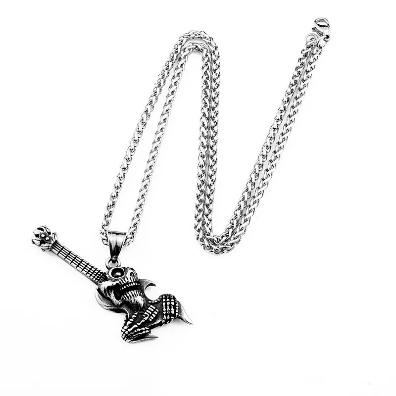 

Stainless steal music jewelry retro punk skull necklaces geometric guitar necklace