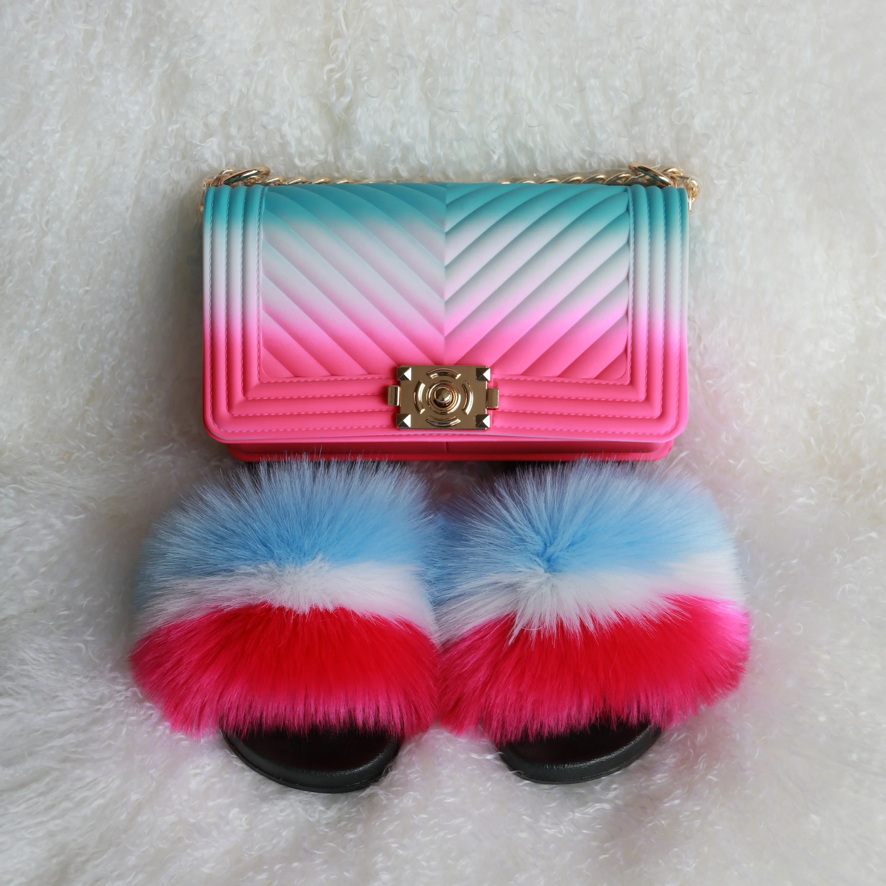 

2021 new designer fur sandal and purse match sets