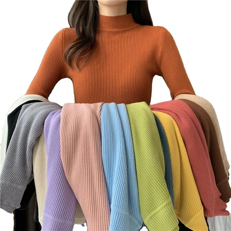 

New Fashion Women Girls Knitwear Stand Collar Pullover Blouse Long Sleeve Solid Color Knit Slim Casual Sweater, Picture shown