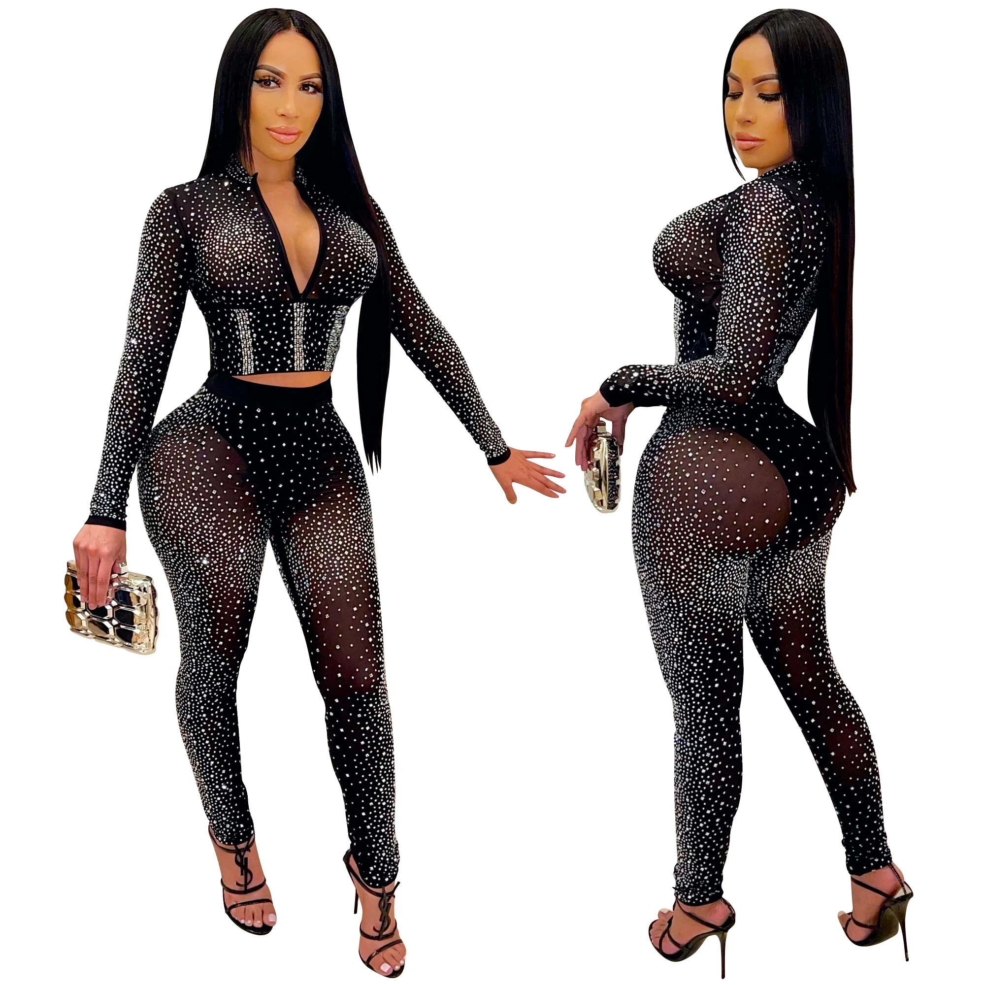 

Bling diamond V-neck night wear sexy women club long sleeve crop top with women leggings