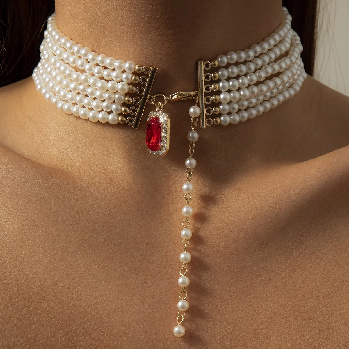 

New Multi Row Pearl Choker Necklace Statement Red Color Rhinestone Crystal Pendant Necklaces for Women Jewelry Gift, Picture shows