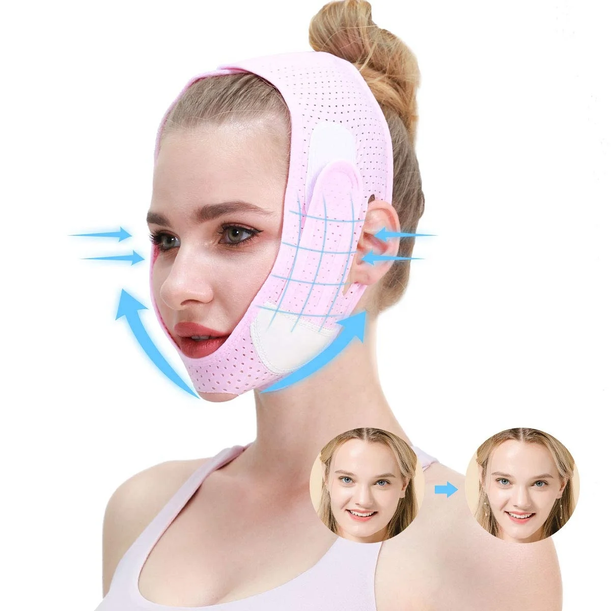 

V Line Mask Bandage Reusable Double Chin Reducer Patch Face Slimming Neck Lift Strap Facial Lift Jaw Exerciser Tape, Pink,white