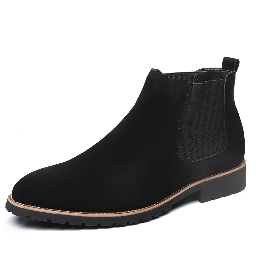 

High Ankle Size 14 Point Toe Slip On Suede Leather Shoes Formal Occasion Height Increasing Chelsea Boots Men