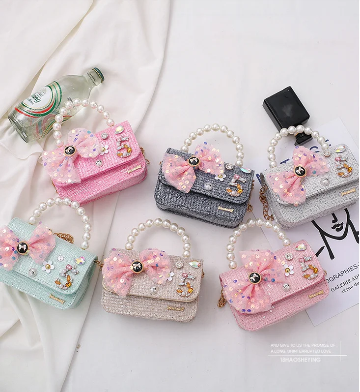 

2020 new arrival fashion Korean style pearl diamond number bowknot kids crossbody Shoulder bag little girl purses, Multi