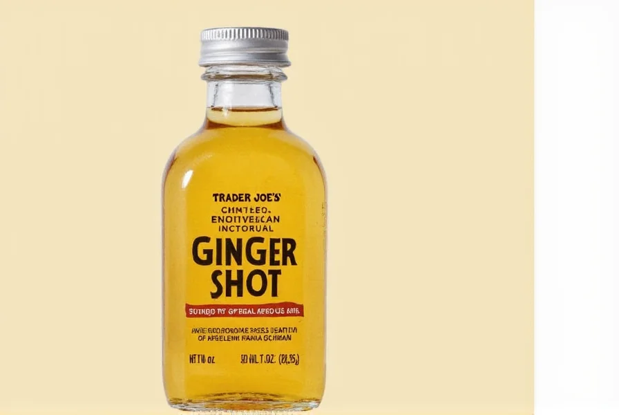 Close-up of Trader Joe's ginger shot bottle showing the amber liquid and simple ingredient list on label