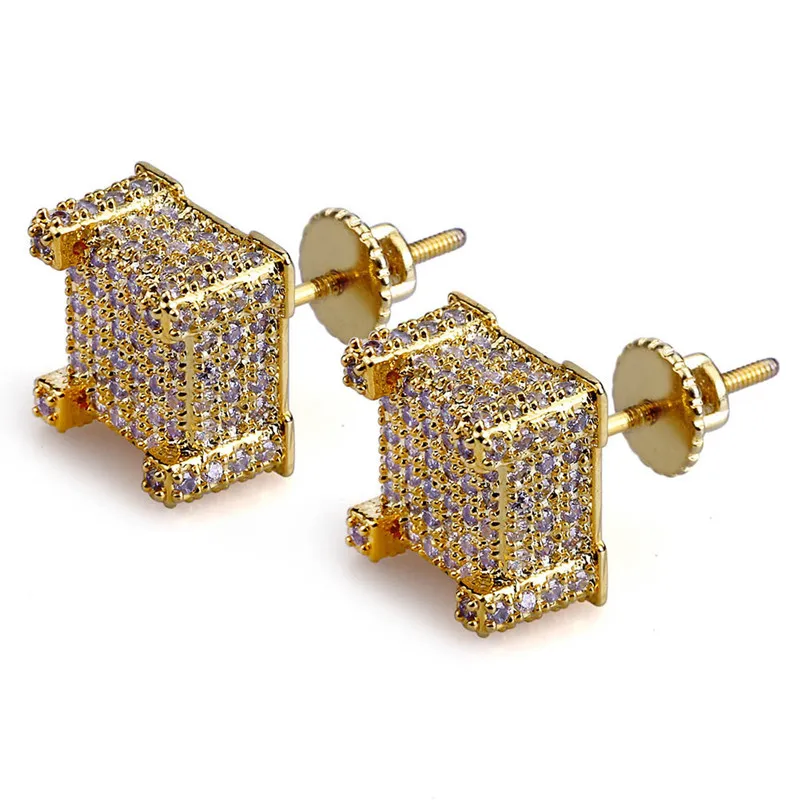 

18K Gold cute bling cubic zirconia square earring studs Hip Hop Brass Iced Out Jewelry