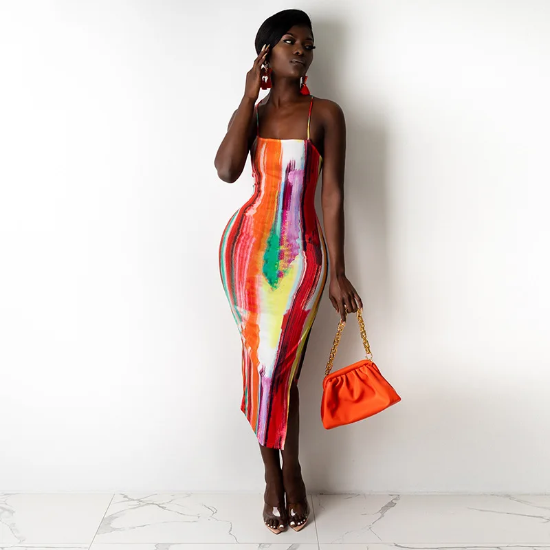 

Blingirl 2021 Sleeveless Straps Multi Print Side Slit Backless Bandage Sexy Dress Summer Women Streetwear Party Club Clothing, Red,blue