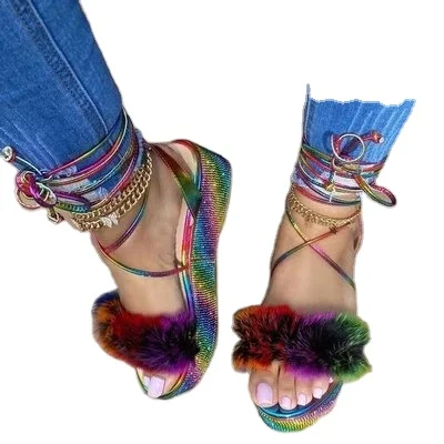 

2021bling Rhinestone Bottom Furry Shoes Platform Sandals For Women Chunky Shoes Summer Beach Shoes Outdoor Slippers, As shown in figure