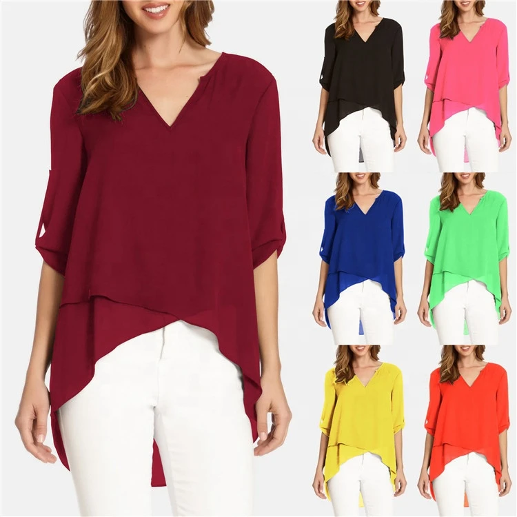 
YHNS19 2019 Autumn Winter Women Clothing Yellow V Neck T Shirt Ladies Plus Size Chiffon Shirt 