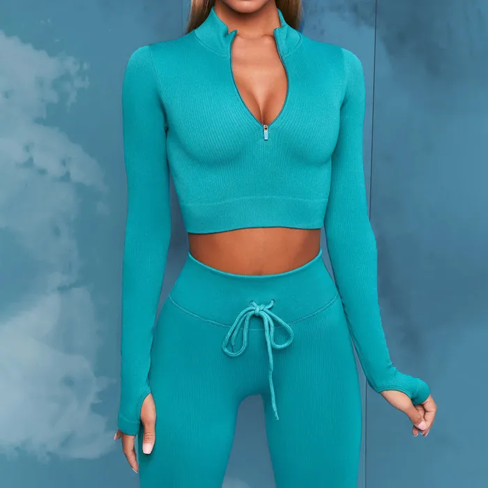 

2021 hot selling 2 piece yoga pilates clothing long sleeve leggings seamless sports fitness clothing for women, Black,grey,blue,green