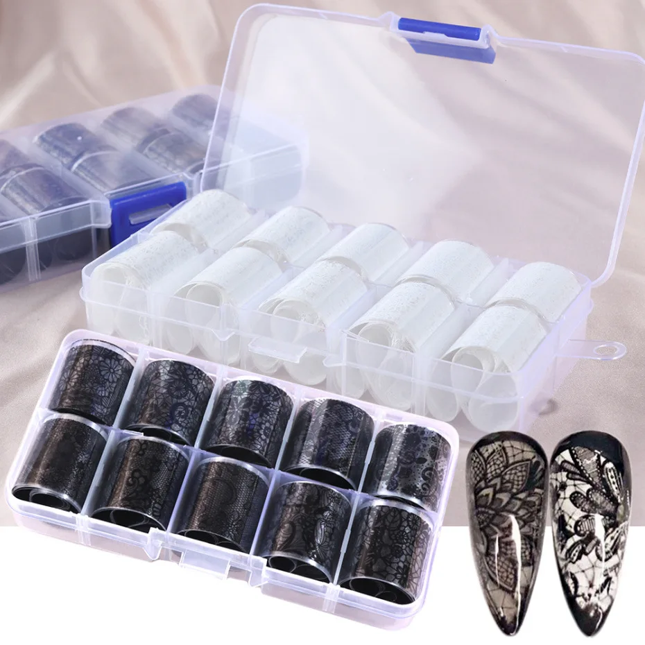 

10pcs Lace Transfer Foil Black White Nail Stickers Hollow Flower Sliders Transparent Decals Wraps Nail Art Decoration Set