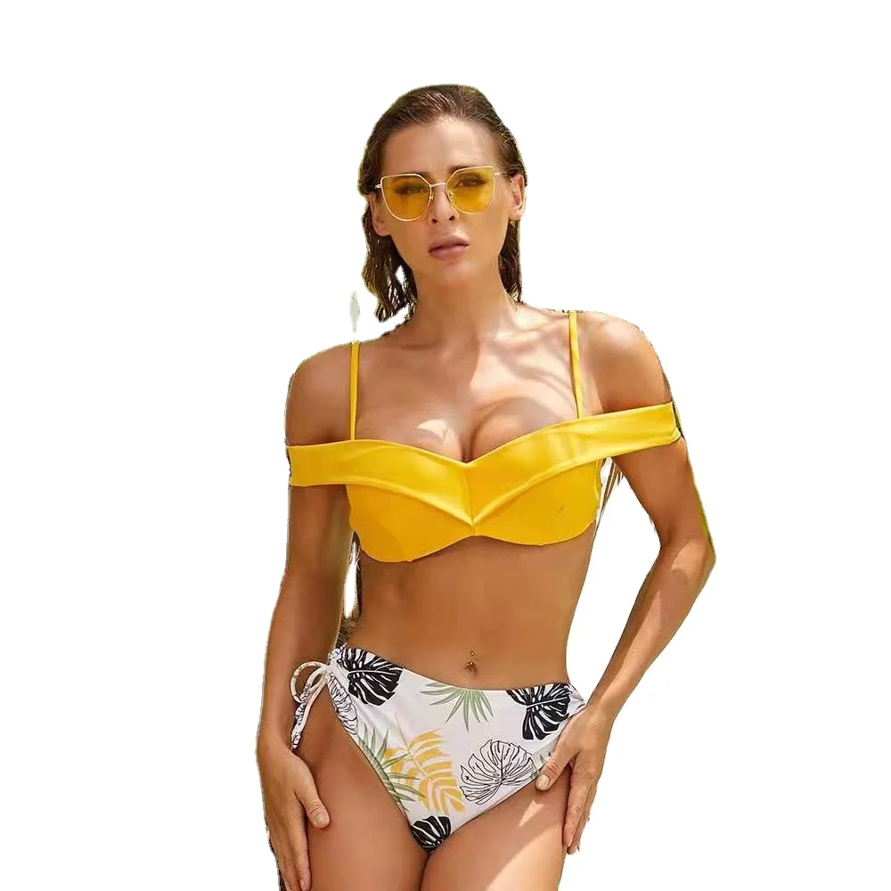 

2021 customized European and American bikini print two-piece high-waisted swimsuit