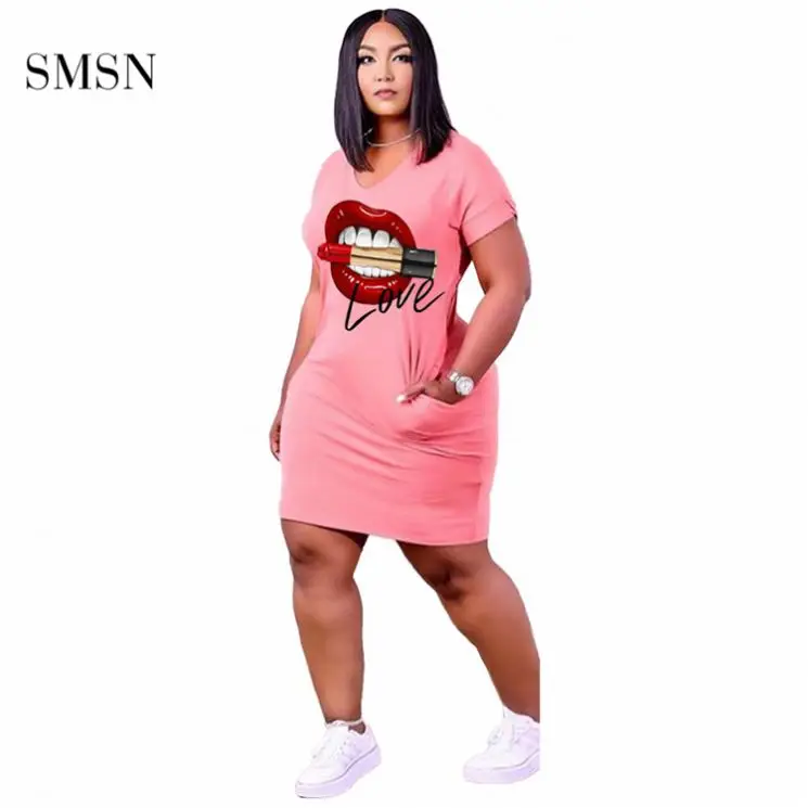 

TINA Wholesale Red Lips Print Short Sleeve Casual Cotton T Shirt Dress Summer Dress