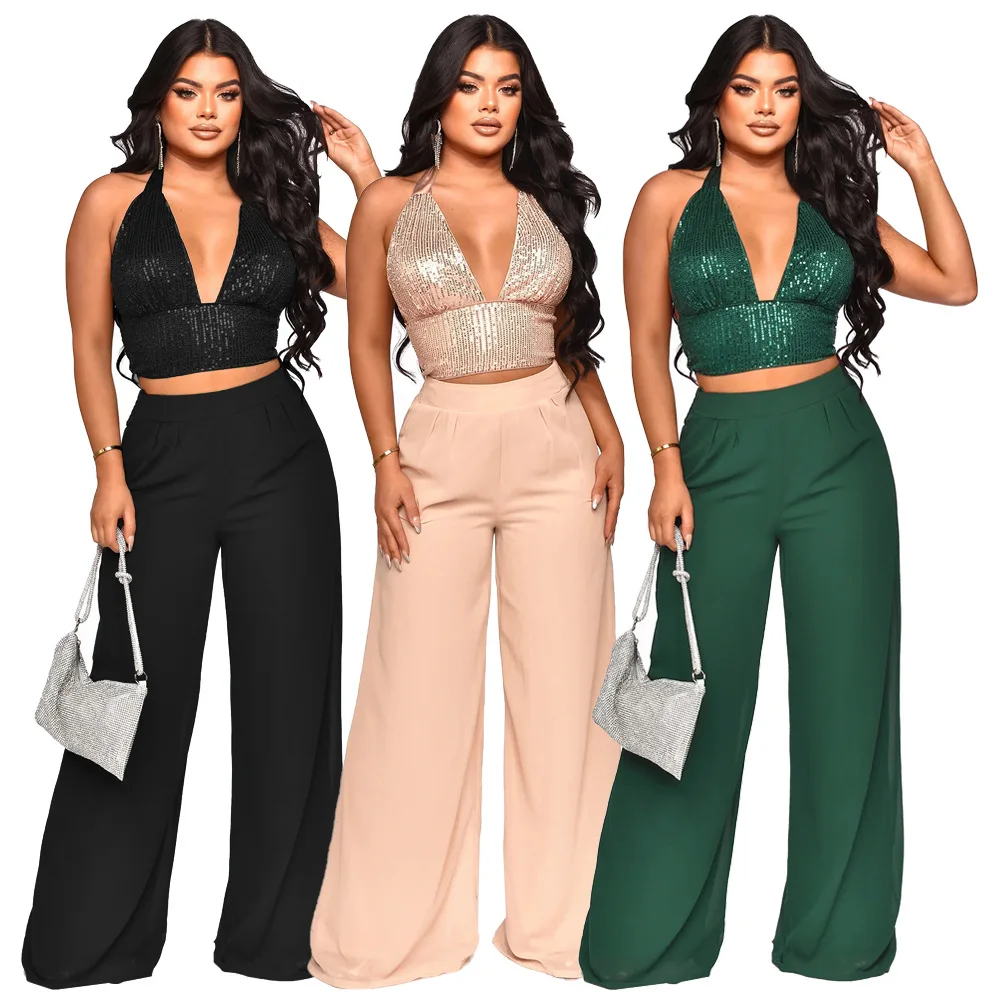 

YQY10171 Trendy Sexy Outfits For Women Deep V Halter Sequin Tank Top High Waist Wide Leg Chiffon Pants Set Women Pants And Top