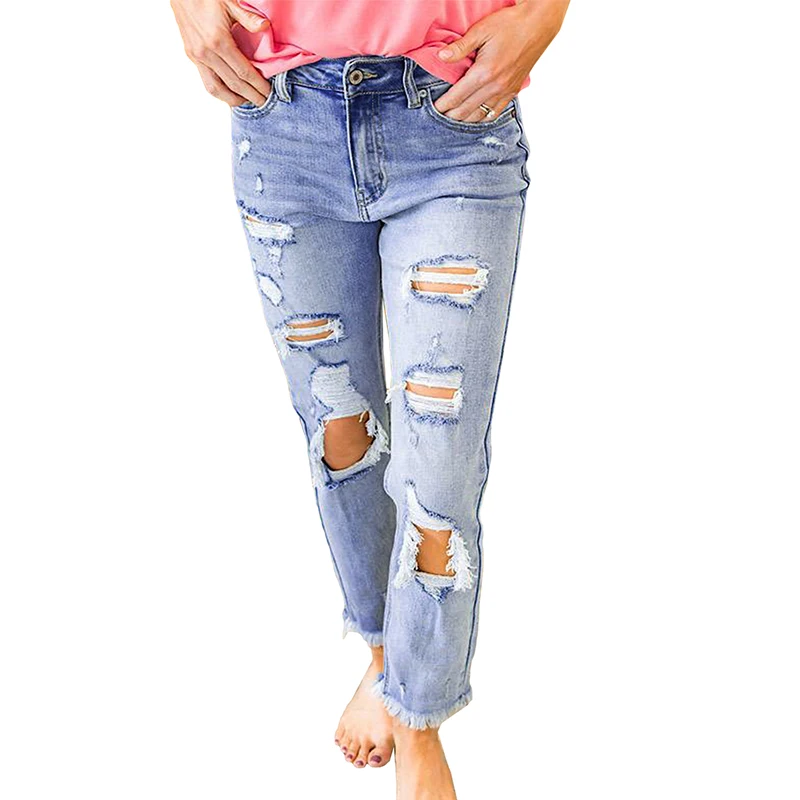 

Hot Sale Distressed Denim Trousers Straight Leg Blue Jeans Pants For Women
