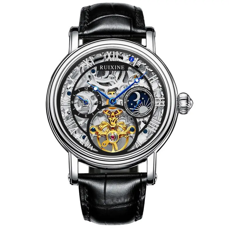 

RUIXINE Brand Automatic Watch Tourbillon Calendar Watch Luxury Skeleton Mechanical Watch R7318, Gold,black,silver
