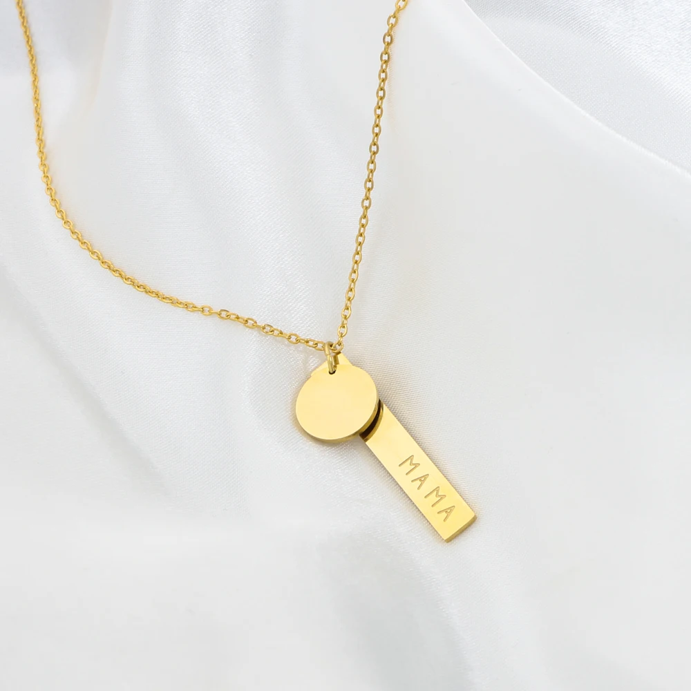 

Personalized Stainless Steel 18k Gold Plated Engraved Mama Vertical Bar Pendant Necklace Disc Chain Necklace Mother's Gift