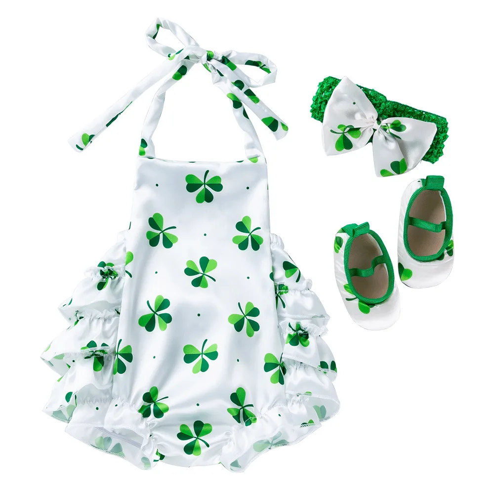 

St. Patrick's Day 3 in 1 Multi Layer Auricular Edge Baby Clover Girls' Rompers&Green Bow Headband&Infant Shoes Satin