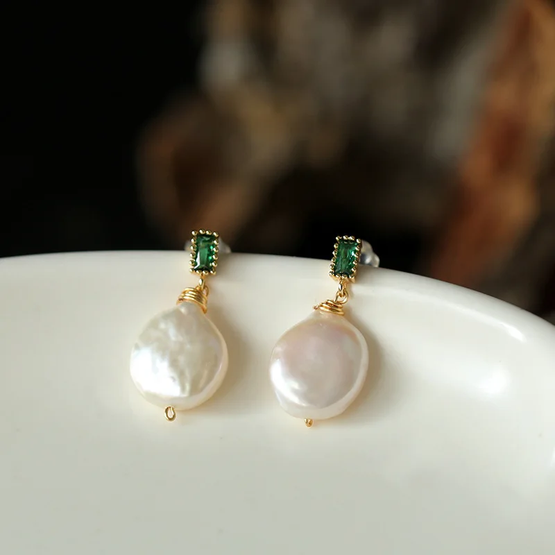 

French style 14K gold plated retro earrings baroque emerald freshwater pearl earings for women 2021, Picture shows