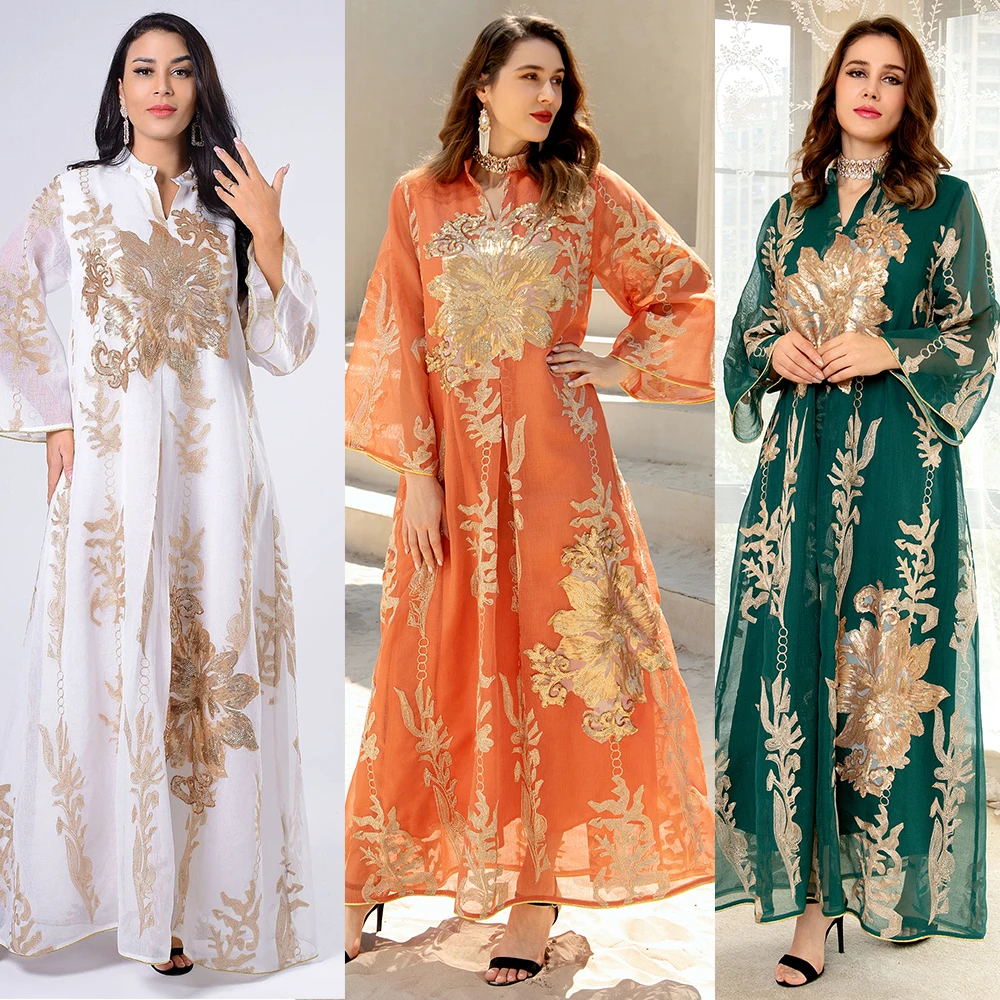 

Arabic expensive women's long kaftan white mesh gold lace two layers luxurious embroidered sequin Moroccan abaya muslim dress